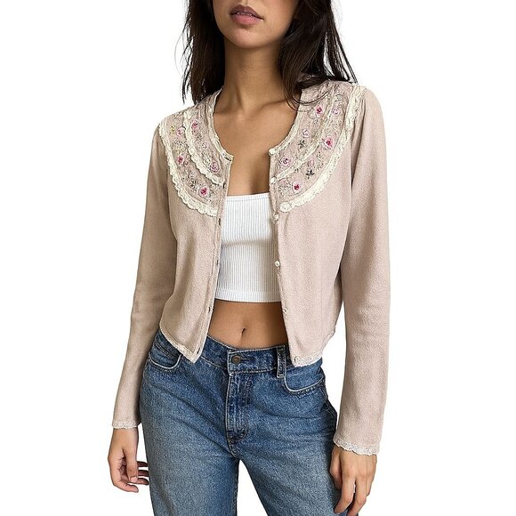 Vintage Sweaters - Y2K Coquette Cream Knit Cardigan Top with Floral Beading Pearls Sequins M‎